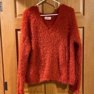 Pink Rose Burnt Orange Fuzzy V-Neck Sweater